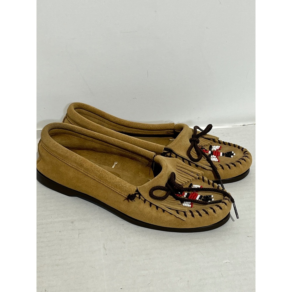 Minnetonka Thunderbird Tan Suede Beaded Fringe Moccasins Mens 4‎ Womens 6
